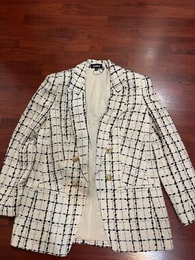 Express Cream and Black Plaid Tweed Blazer with Gold Buttons
